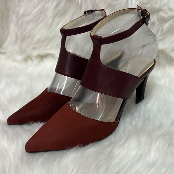 Tahari Brick Red & Burgandy Suede Strappy Sandal Heels Size 6 B-24 - Picture 1 of 9